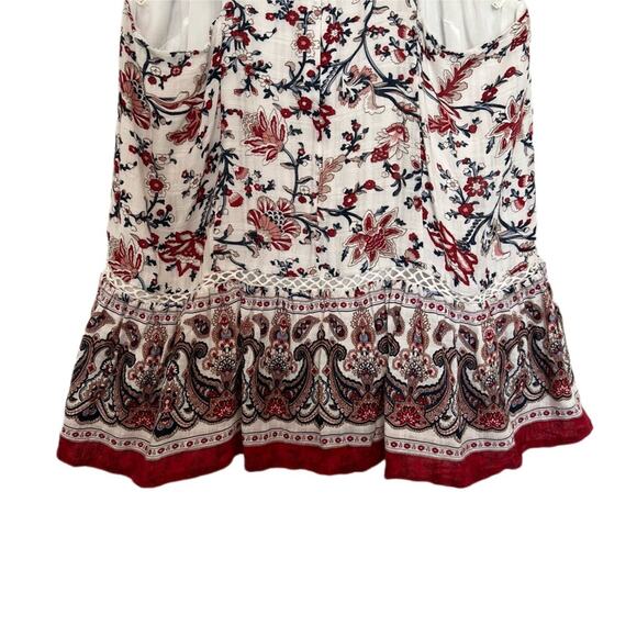 JOA Red Boho Print Pleated High Neck Lace Inset Blouse Size Small - Picture 5 of 9